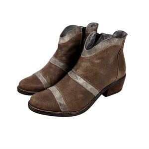 kanna Brown Suede Leather Pewter Metallic Heeled Ankle Boot Women Size 36 Size 6